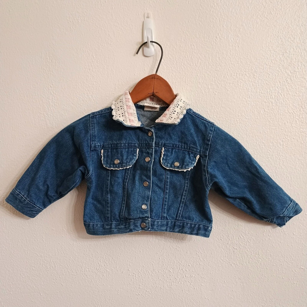 Vintage Hopscotch Pearl Snap Denim Jean Jacket Lace Collar Baby Girl 24 Mo